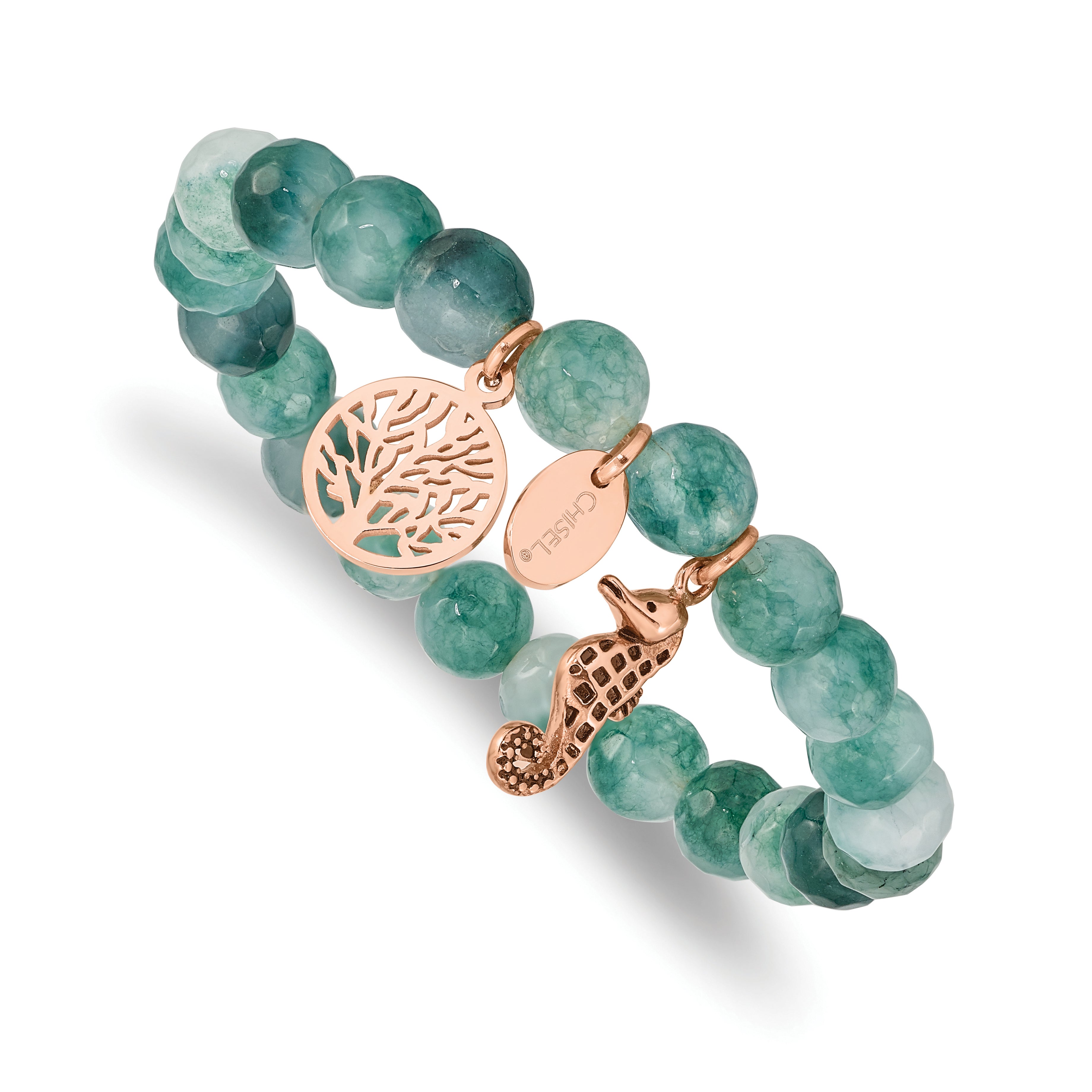 Chisel Stainless Steel Antiqued and Polished Rose IP-plated Seahorse and Tree of Life 8mm Green Dyed Jade Beaded Stretch Bracelet