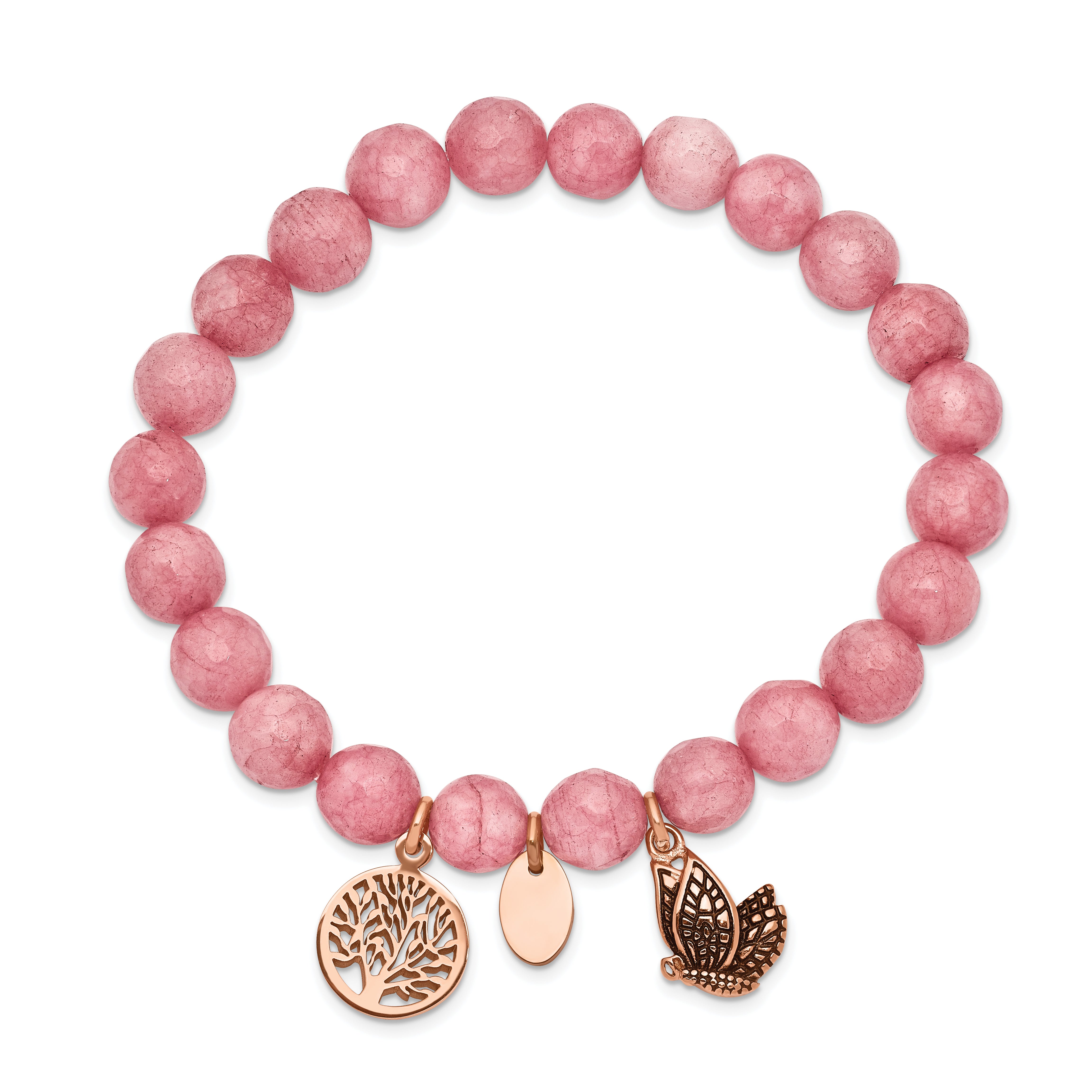 Chisel Stainless Steel Antiqued and Polish Rose IP-plated Butterfly and Tree of Life 8mm Pink Dyed Jade Beaded Stretch Bracelet