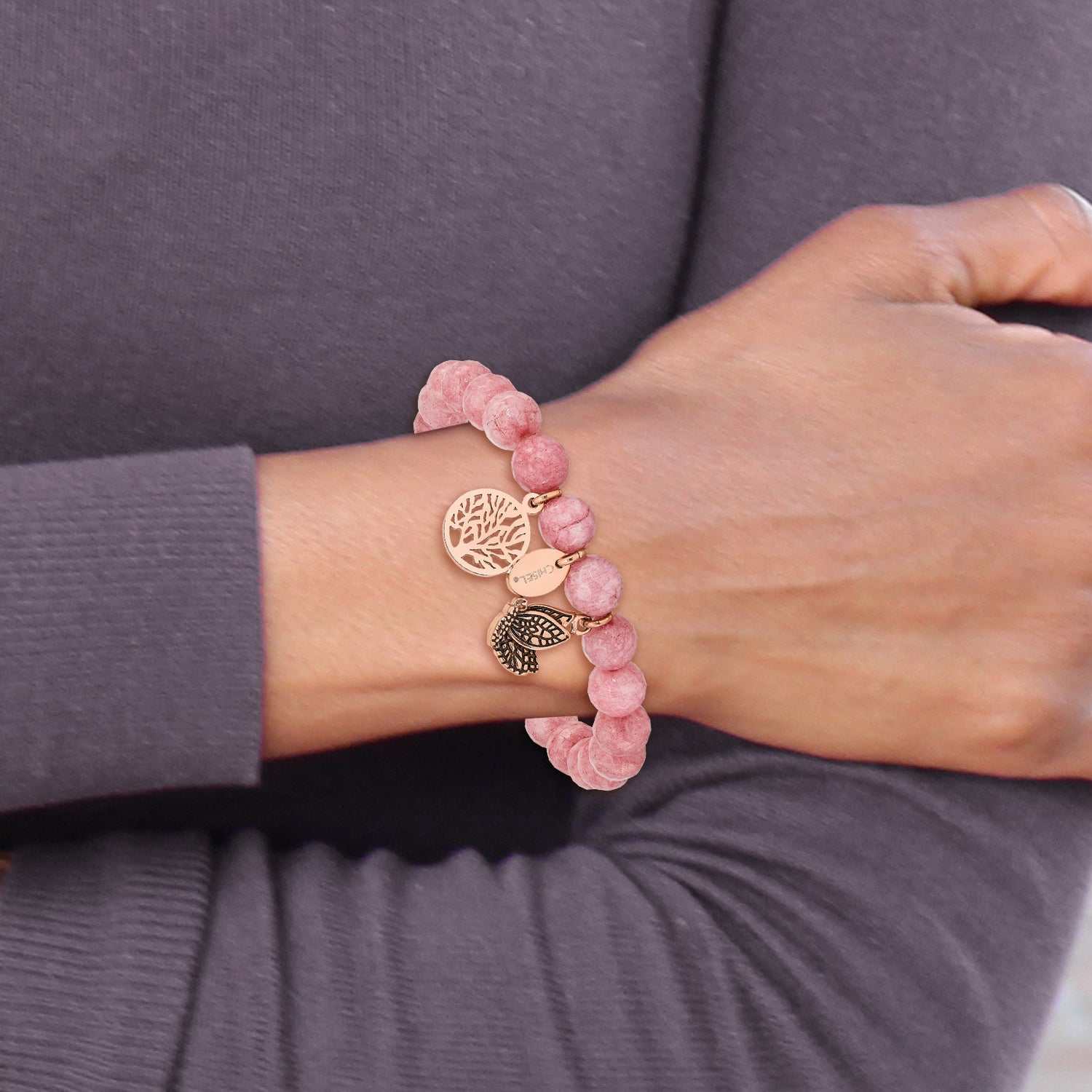 Chisel Stainless Steel Antiqued and Polish Rose IP-plated Butterfly and Tree of Life 8mm Pink Dyed Jade Beaded Stretch Bracelet