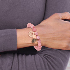 Chisel Stainless Steel Antiqued and Polish Rose IP-plated Butterfly and Tree of Life 8mm Pink Dyed Jade Beaded Stretch Bracelet