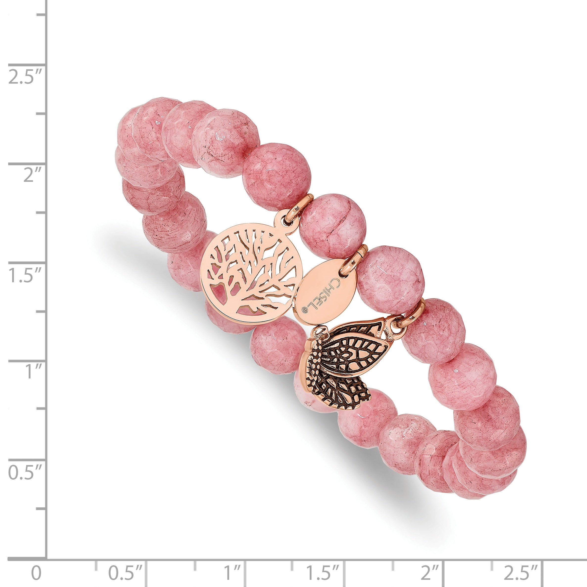 Chisel Stainless Steel Antiqued and Polish Rose IP-plated Butterfly and Tree of Life 8mm Pink Dyed Jade Beaded Stretch Bracelet