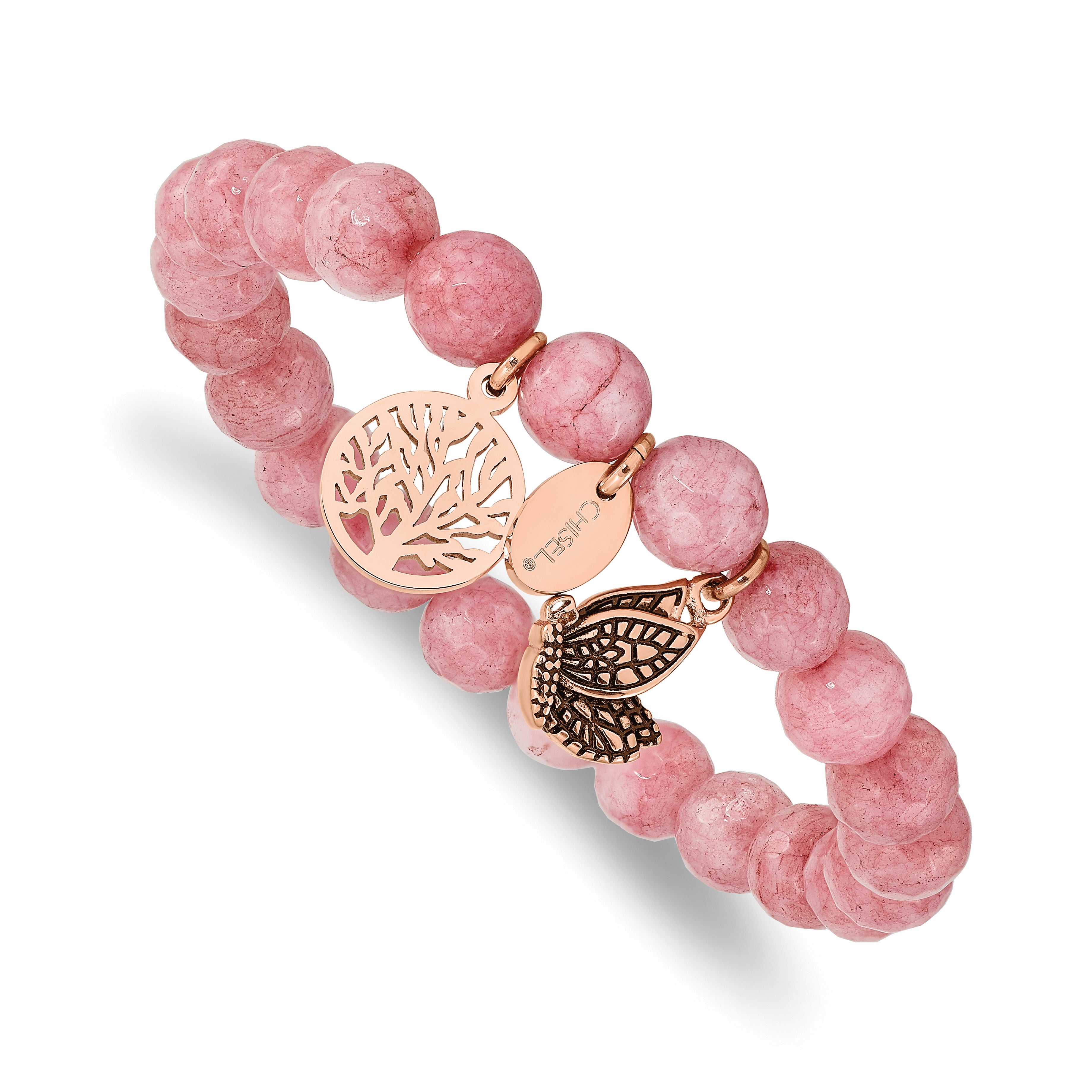 Chisel Stainless Steel Antiqued and Polish Rose IP-plated Butterfly and Tree of Life 8mm Pink Dyed Jade Beaded Stretch Bracelet