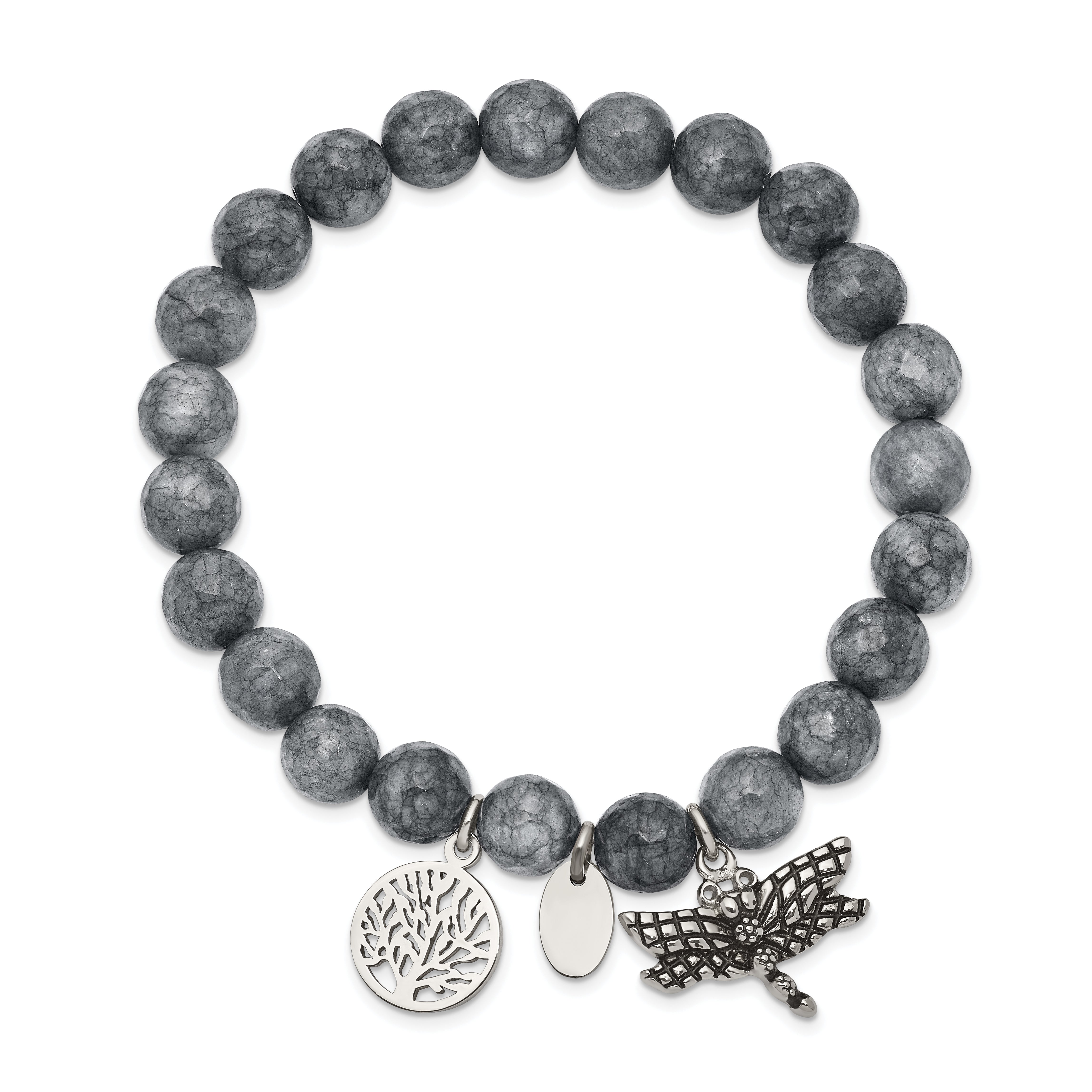 Chisel Stainless Steel Antiqued and Polished Dragonfly and Tree of Life 8mm Grey Dyed Jade Beaded Stretch Bracelet