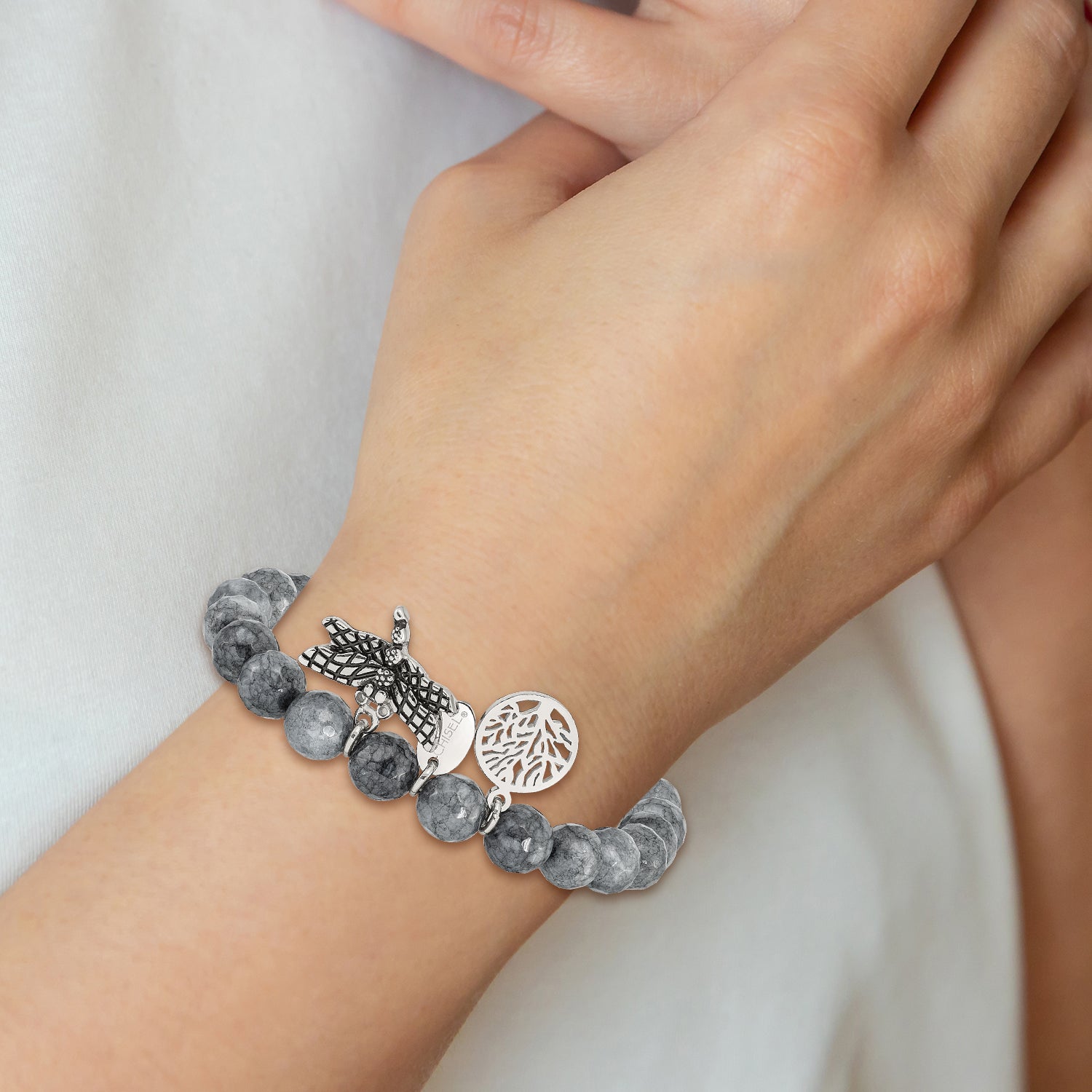 Chisel Stainless Steel Antiqued and Polished Dragonfly and Tree of Life 8mm Grey Dyed Jade Beaded Stretch Bracelet