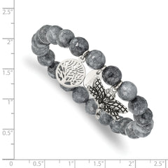 Chisel Stainless Steel Antiqued and Polished Dragonfly and Tree of Life 8mm Grey Dyed Jade Beaded Stretch Bracelet