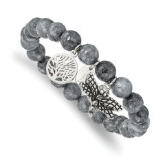 Chisel Stainless Steel Antiqued and Polished Dragonfly and Tree of Life 8mm Grey Dyed Jade Beaded Stretch Bracelet