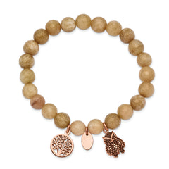 Chisel Stainless Steel Antiqued and Polished Rose IP-plated Owl and Tree of Life 8mm Taupe Dyed Jade Beaded Stretch Bracelet