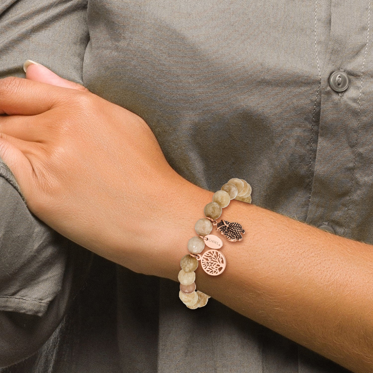 Chisel Stainless Steel Antiqued and Polished Rose IP-plated Owl and Tree of Life 8mm Taupe Dyed Jade Beaded Stretch Bracelet