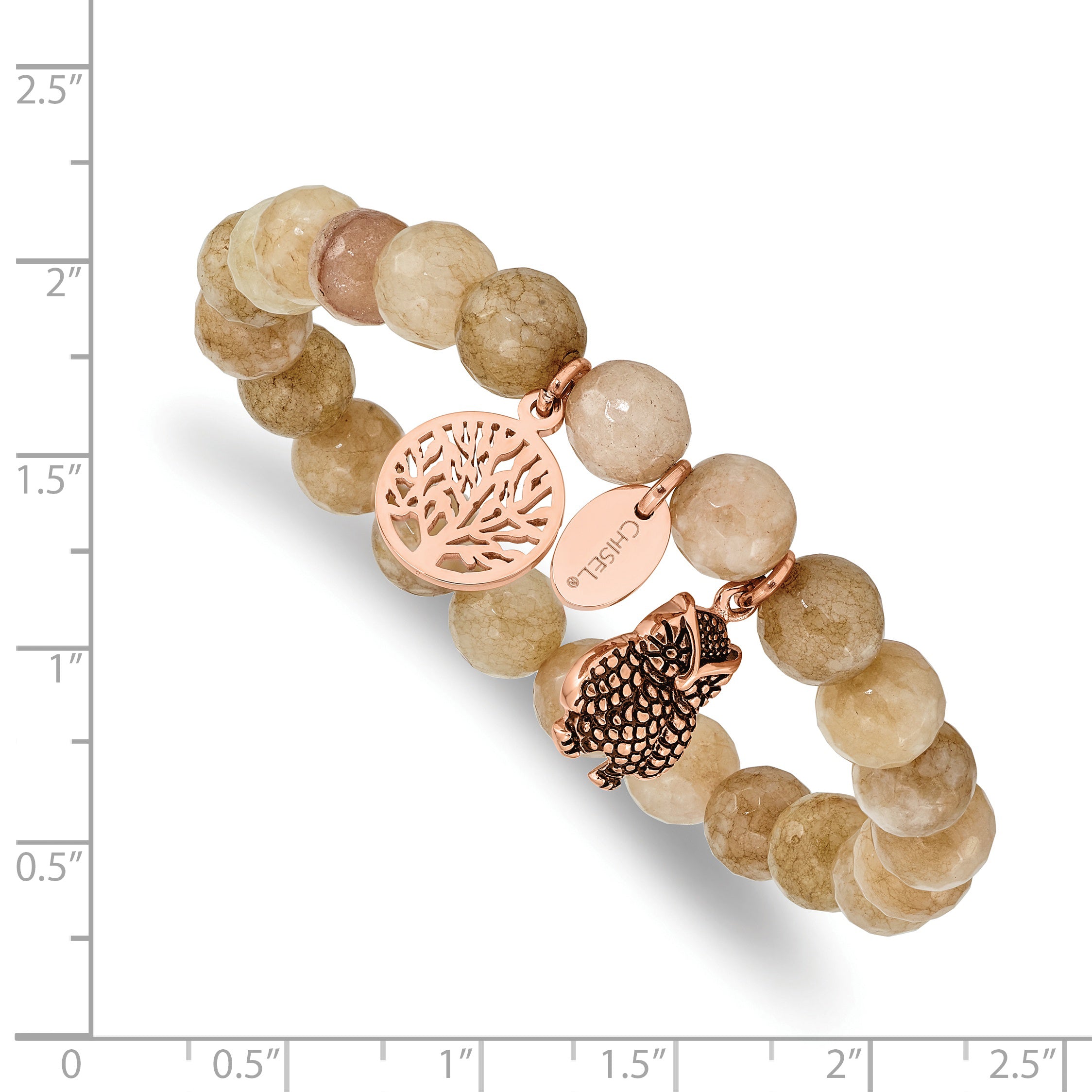 Chisel Stainless Steel Antiqued and Polished Rose IP-plated Owl and Tree of Life 8mm Taupe Dyed Jade Beaded Stretch Bracelet