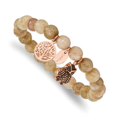 Chisel Stainless Steel Antiqued and Polished Rose IP-plated Owl and Tree of Life 8mm Taupe Dyed Jade Beaded Stretch Bracelet