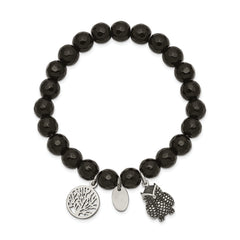 Chisel Stainless Steel Antiqued and Polished Owl and Tree of Life 8mm Black Jade Beaded Stretch Bracelet