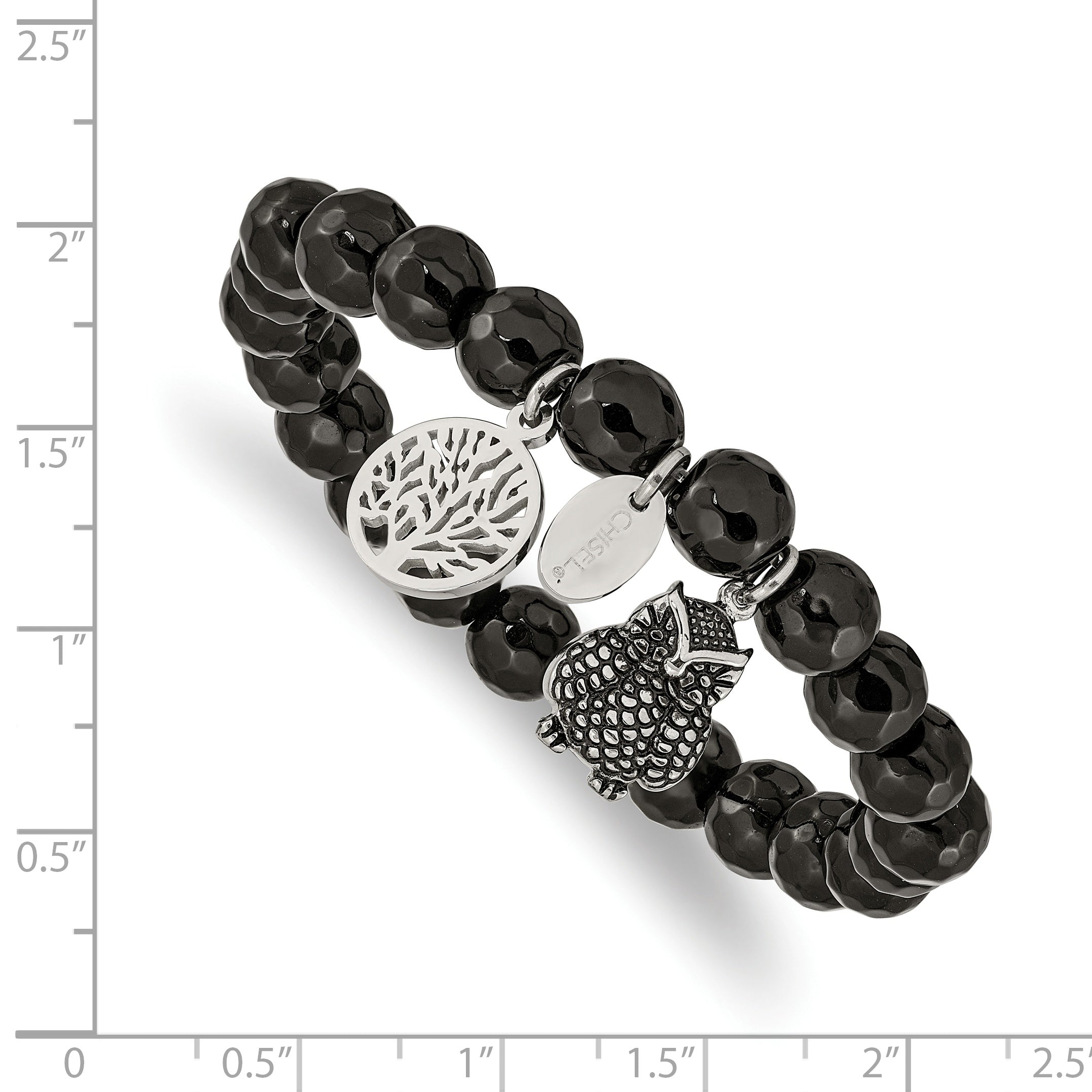 Chisel Stainless Steel Antiqued and Polished Owl and Tree of Life 8mm Black Jade Beaded Stretch Bracelet