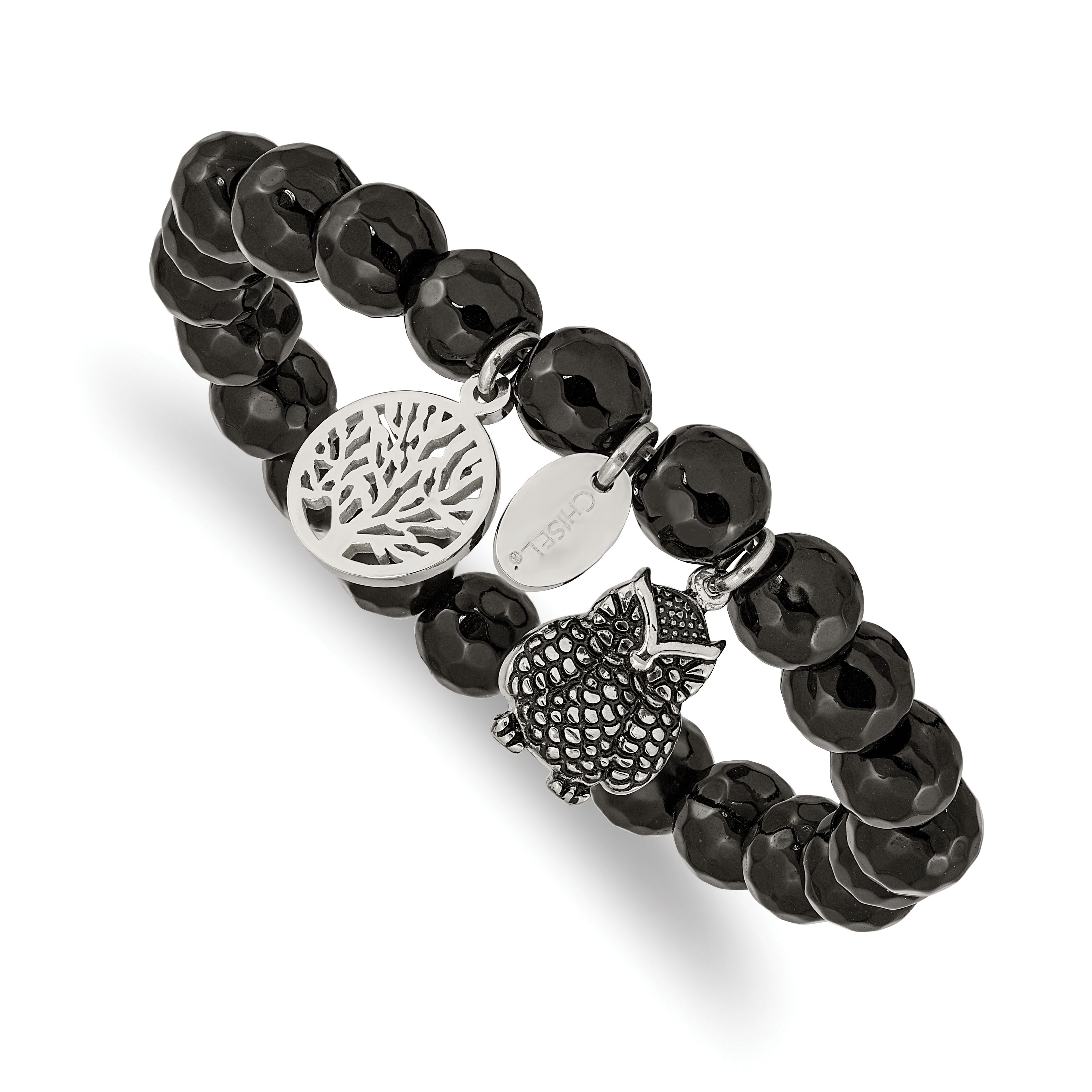 Chisel Stainless Steel Antiqued and Polished Owl and Tree of Life 8mm Black Jade Beaded Stretch Bracelet