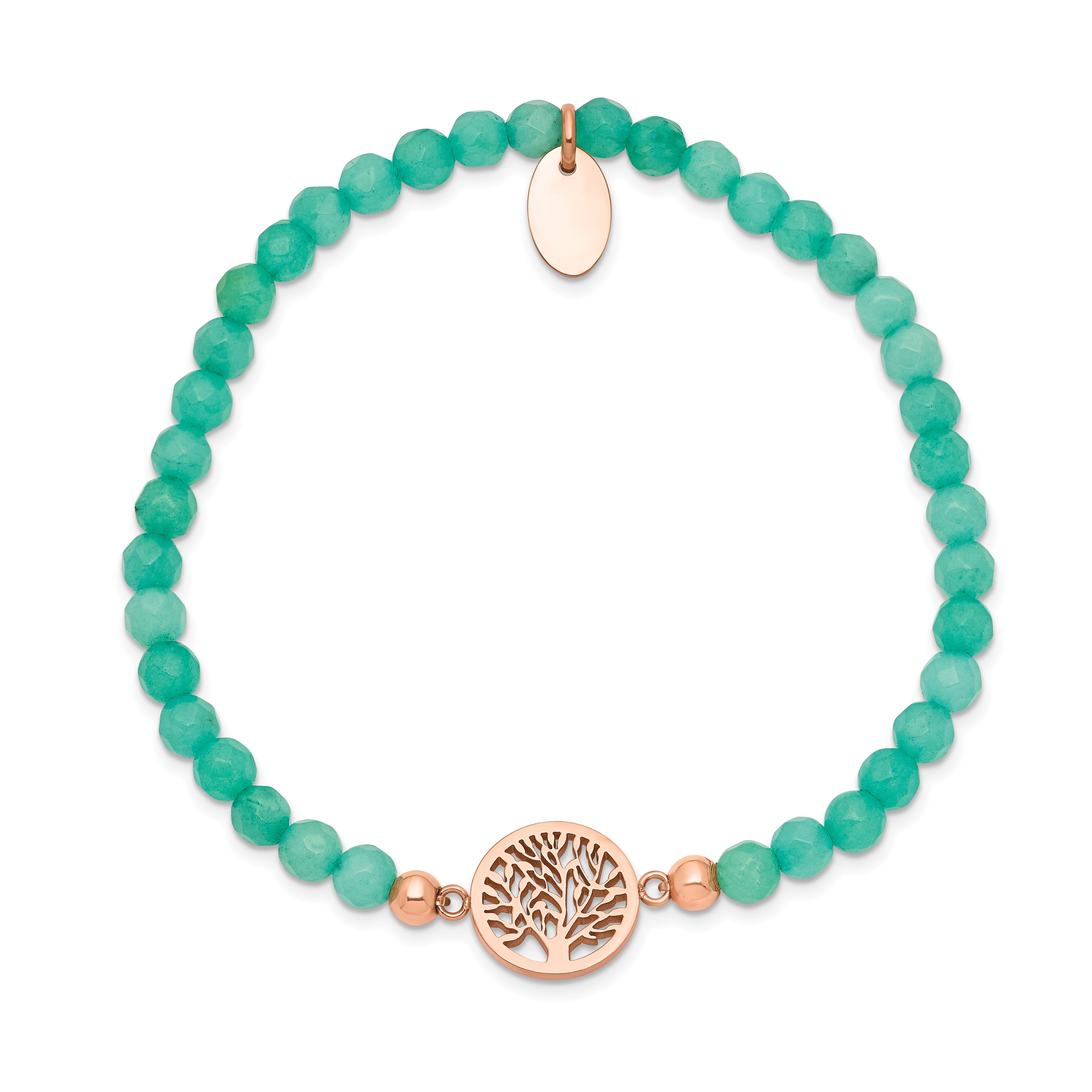 Chisel Stainless Steel Polished Rose IP-plated Tree of Life 4mm Mint Jade Beaded Stretch Bracelet