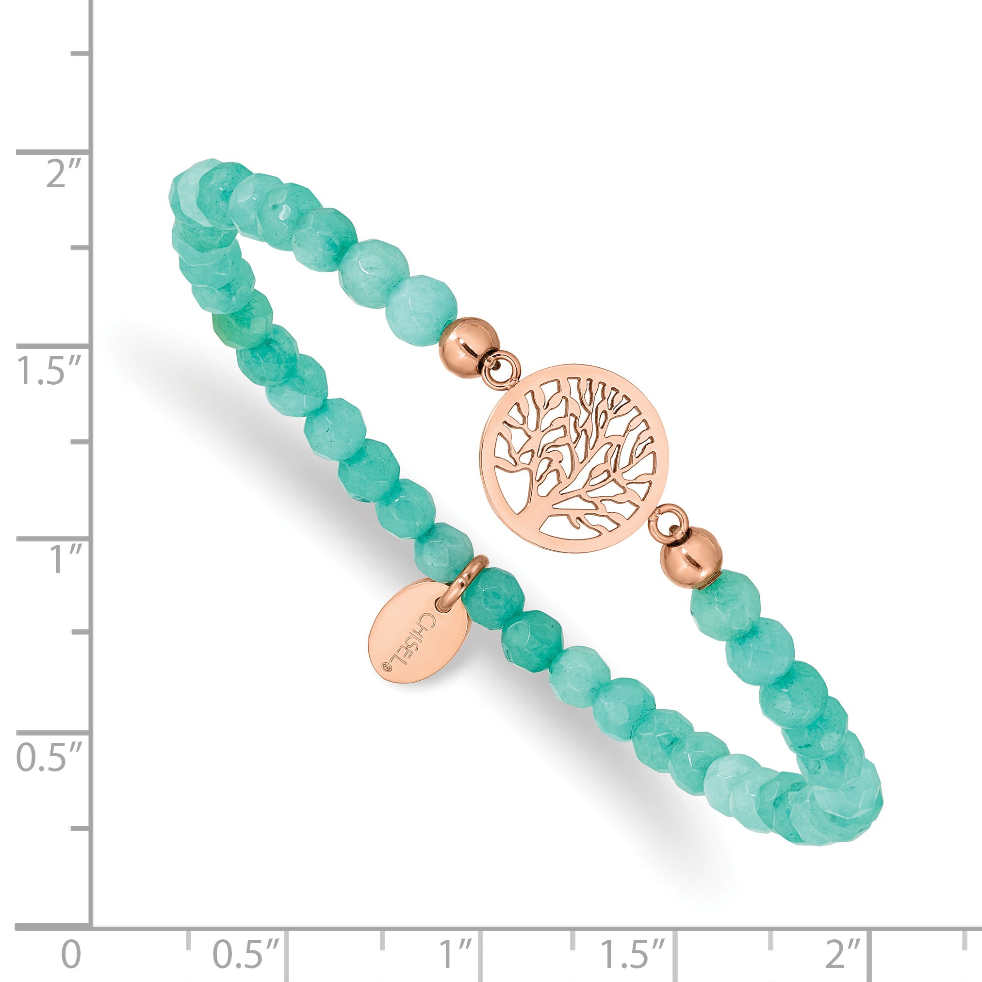 Chisel Stainless Steel Polished Rose IP-plated Tree of Life 4mm Mint Jade Beaded Stretch Bracelet