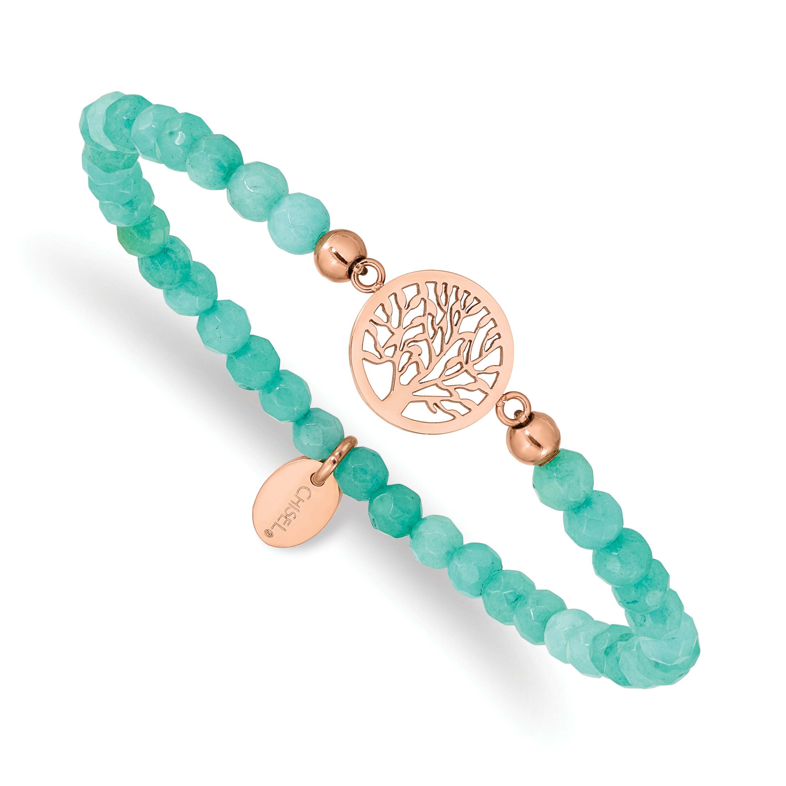 Chisel Stainless Steel Polished Rose IP-plated Tree of Life 4mm Mint Jade Beaded Stretch Bracelet