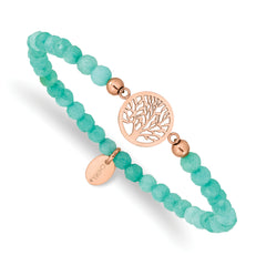 Chisel Stainless Steel Polished Rose IP-plated Tree of Life 4mm Mint Jade Beaded Stretch Bracelet