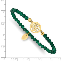 Chisel Stainless Steel Polished Yellow IP-plated Tree of Life 4mm Green Jade Beaded Stretch Bracelet