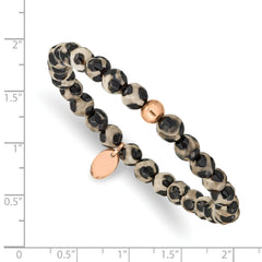 Chisel Stainless Steel Polished Rose IP-plated 6mm Black and White Agate Beaded Stretch Bracelet