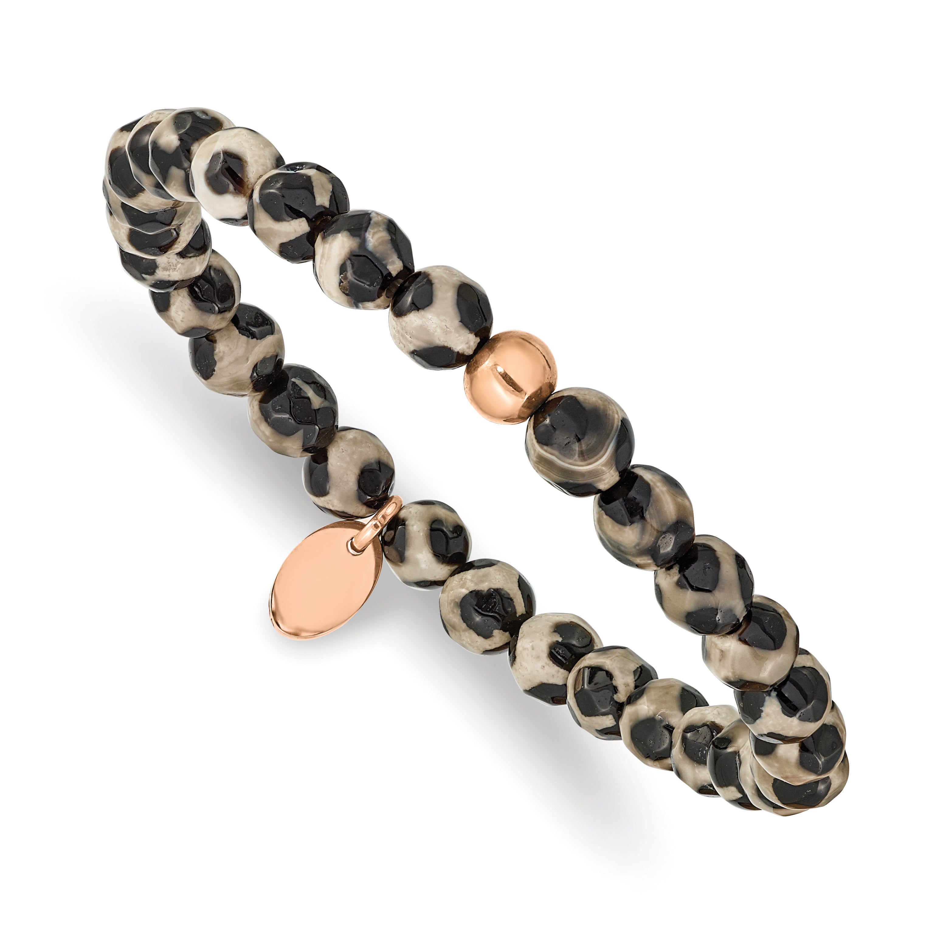 Chisel Stainless Steel Polished Rose IP-plated 6mm Black and White Agate Beaded Stretch Bracelet