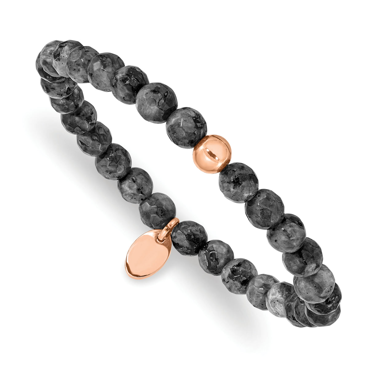 Chisel Stainless Steel Polished Rose IP-plated 6mm Spectrolite Beaded Stretch Bracelet