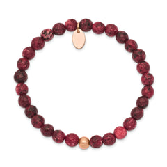 Chisel Stainless Steel Polished Rose IP-plated 6mm Red Jade Beaded Stretch Bracelet