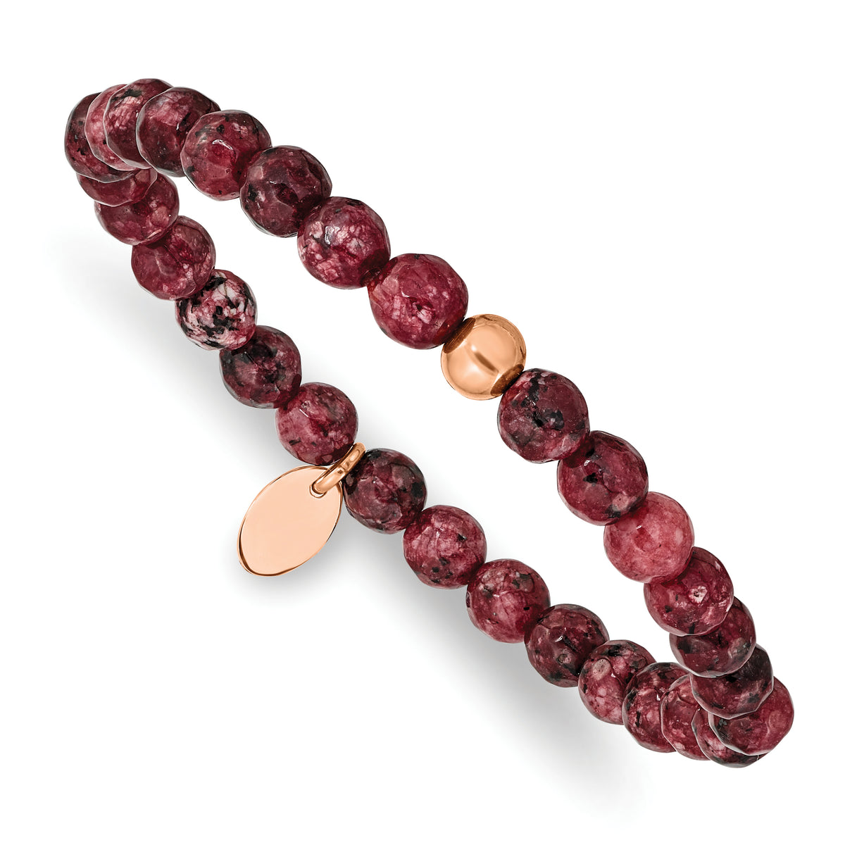 Chisel Stainless Steel Polished Rose IP-plated 6mm Red Jade Beaded Stretch Bracelet