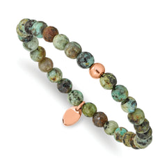 Chisel Stainless Steel Polished Rose IP-plated 6mm African Turquoise Beaded Stretch Bracelet