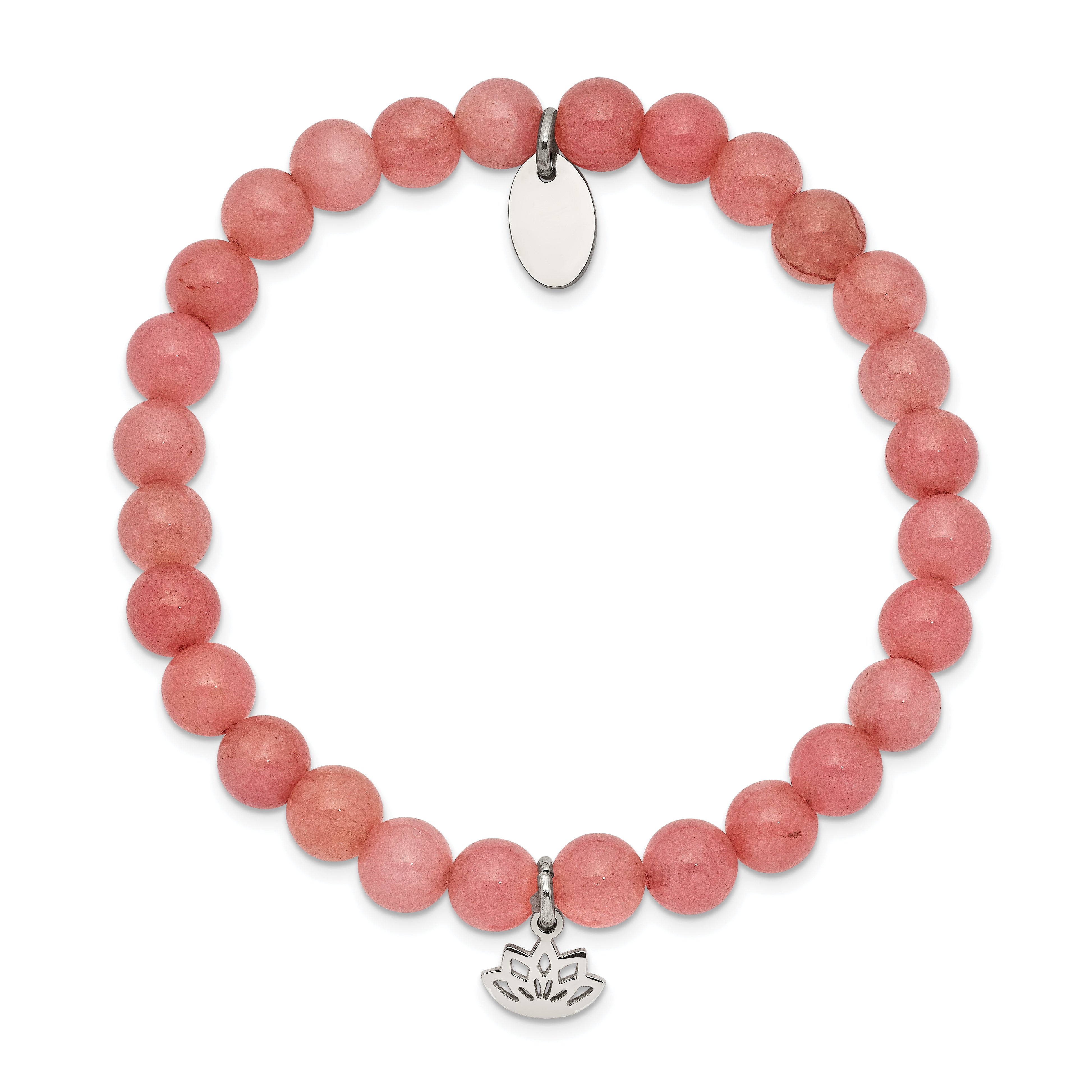 Chisel Stainless Steel Polished Lotus 6mm Pink Jade Beaded Stretch Bracelet