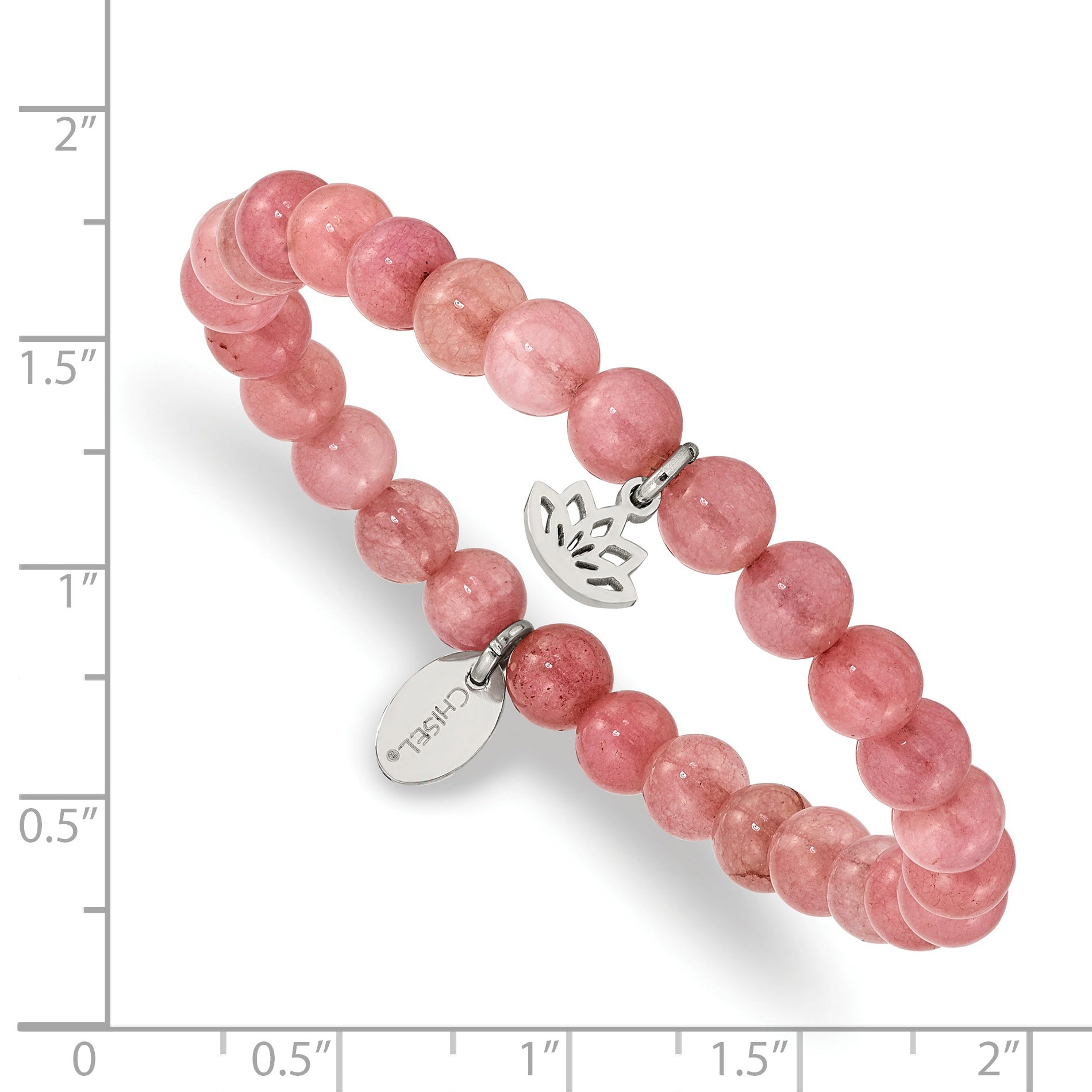 Chisel Stainless Steel Polished Lotus 6mm Pink Jade Beaded Stretch Bracelet