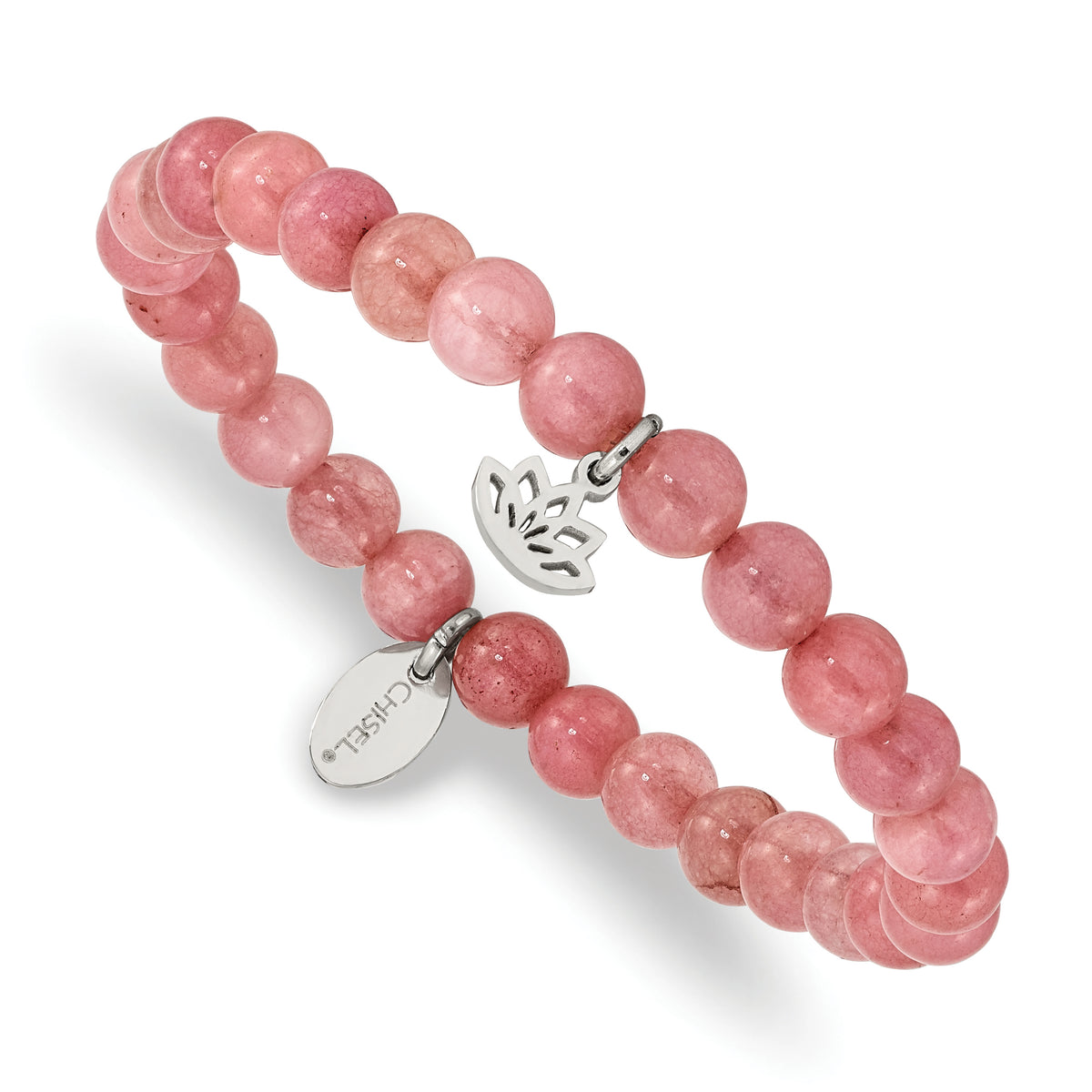 Chisel Stainless Steel Polished Lotus 6mm Pink Jade Beaded Stretch Bracelet