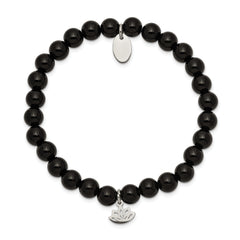 Chisel Stainless Steel Polished Lotus 6mm Black Agate Beaded Stretch Bracelet