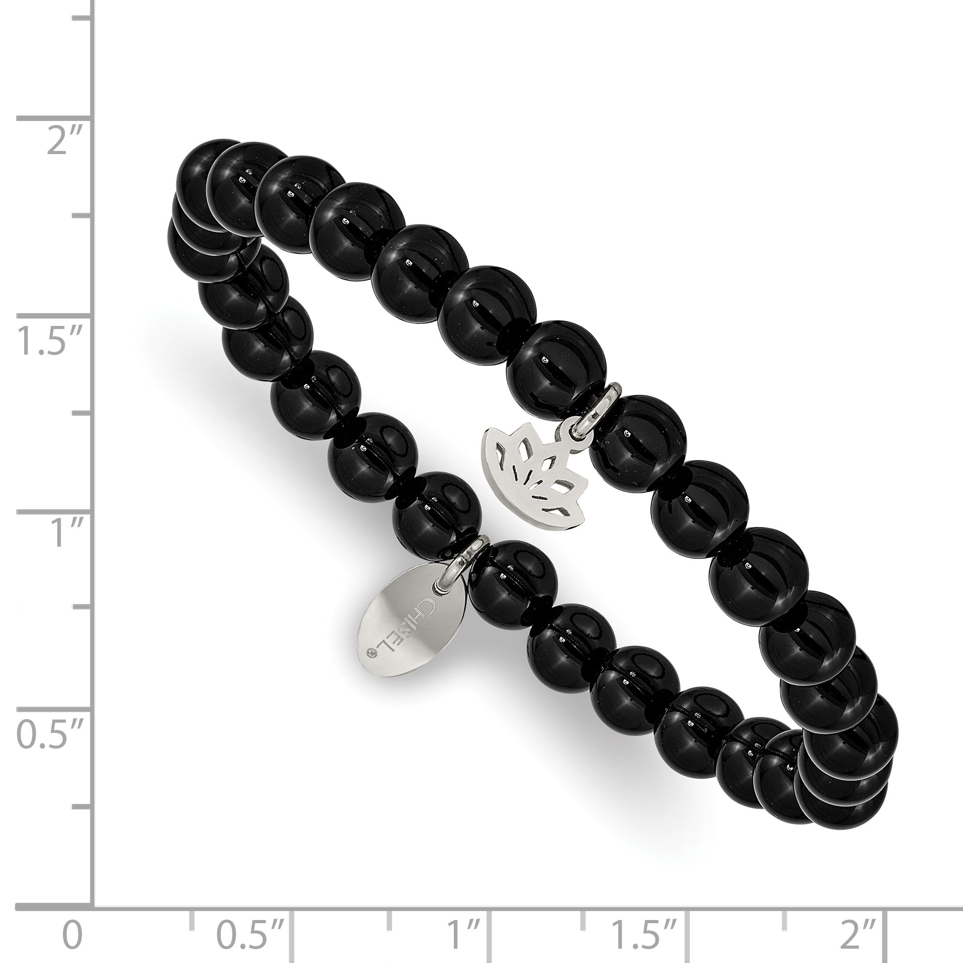 Chisel Stainless Steel Polished Lotus 6mm Black Agate Beaded Stretch Bracelet