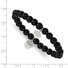 Chisel Stainless Steel Polished Lotus 6mm Black Agate Beaded Stretch Bracelet