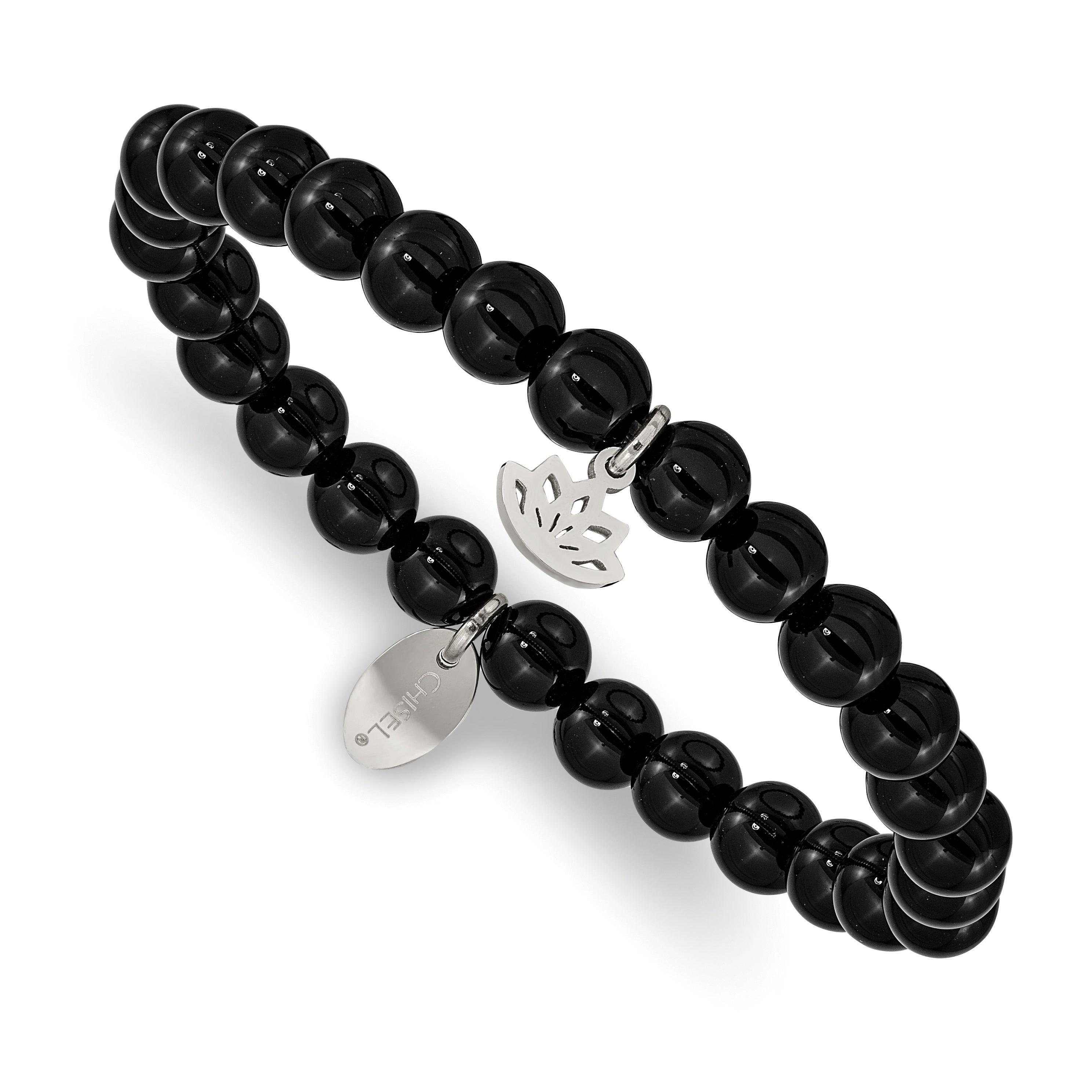 Chisel Stainless Steel Polished Lotus 6mm Black Agate Beaded Stretch Bracelet