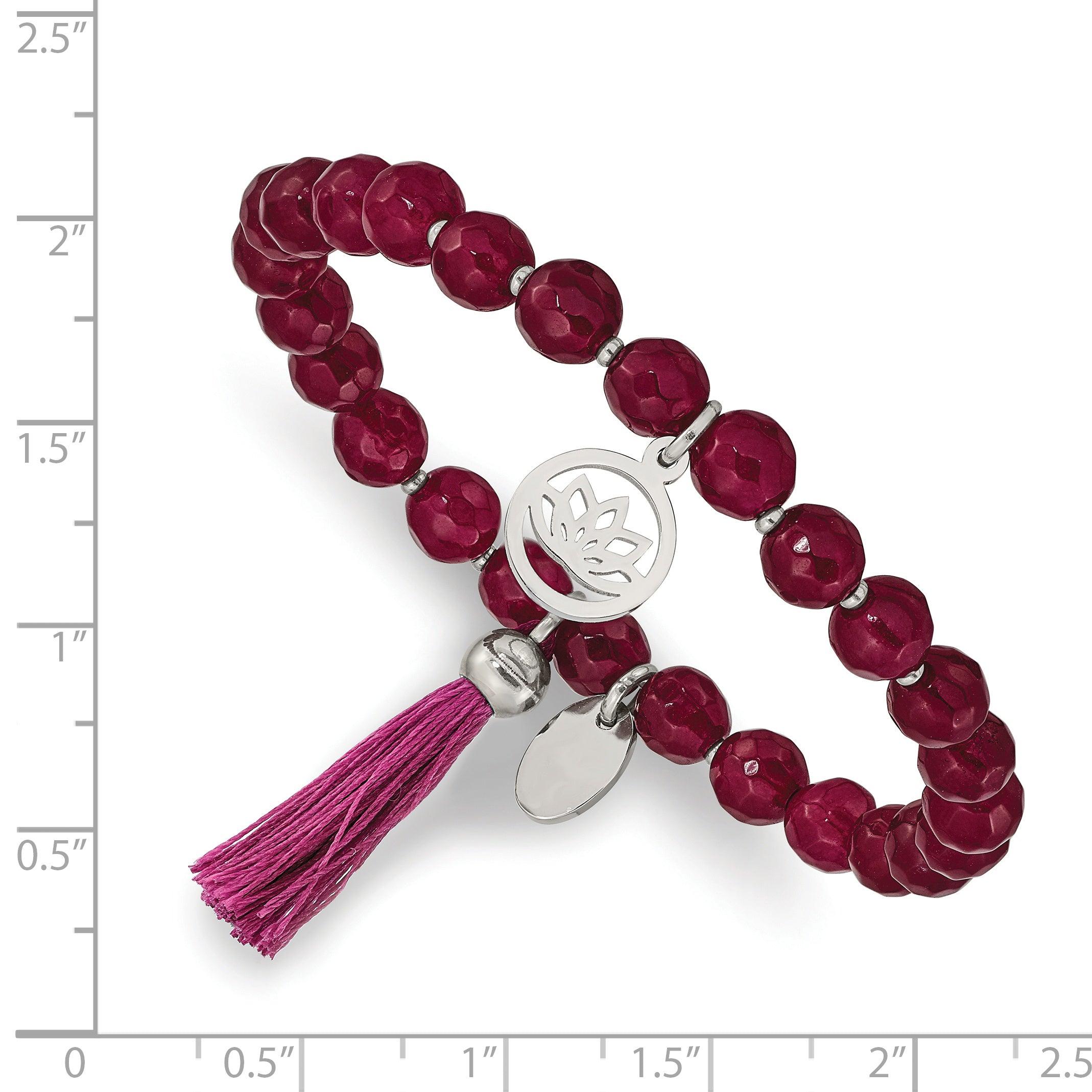 Chisel Stainless Steel Polished Lotus 6mm Pink Jade Beaded Stretch Bracelet with Tassel