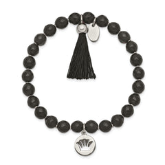 Chisel Stainless Steel Polished Crown 6mm Black Jade Beaded Stretch Bracelet with Tassel