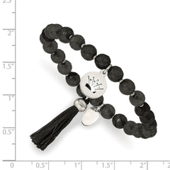 Chisel Stainless Steel Polished Crown 6mm Black Jade Beaded Stretch Bracelet with Tassel