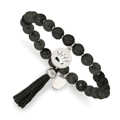 Chisel Stainless Steel Polished Crown 6mm Black Jade Beaded Stretch Bracelet with Tassel