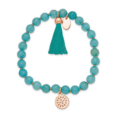 Chisel Stainless Steel Polished Rose IP-plated 6mm Mint Jade Beaded with Tassel Stretch Bracelet