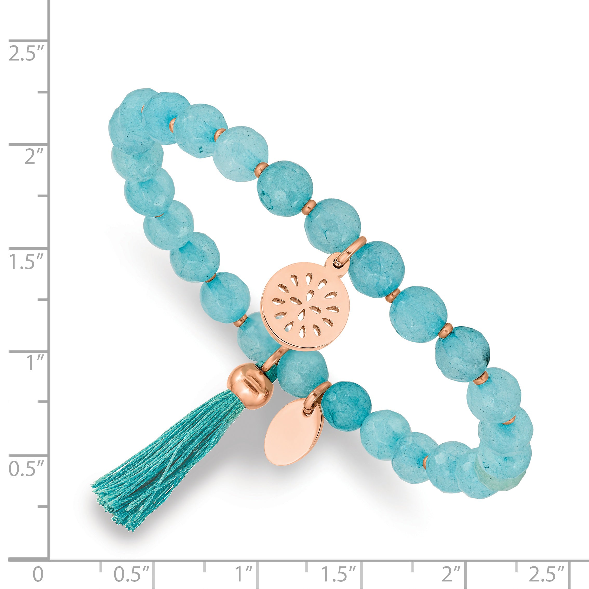 Chisel Stainless Steel Polished Rose IP-plated 6mm Mint Jade Beaded with Tassel Stretch Bracelet