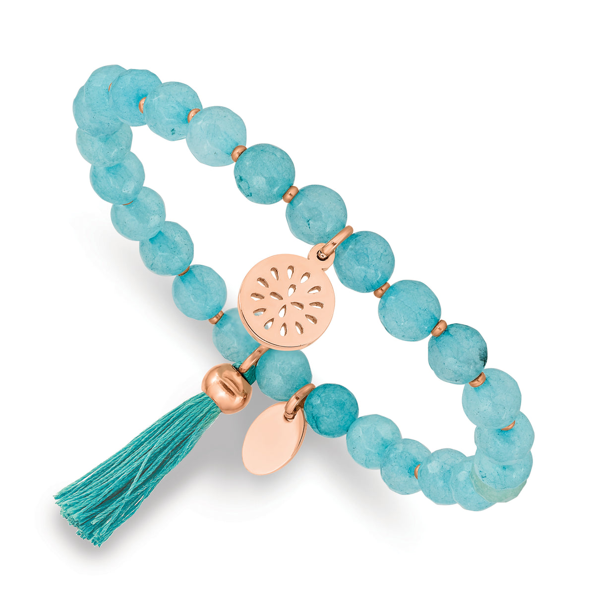 Chisel Stainless Steel Polished Rose IP-plated 6mm Mint Jade Beaded with Tassel Stretch Bracelet