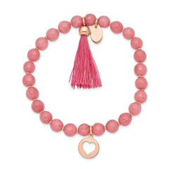 Chisel Stainless Steel Polished Rose IP-plated Heart 6mm Pink Jade Beaded Stretch Bracelet with Tassel