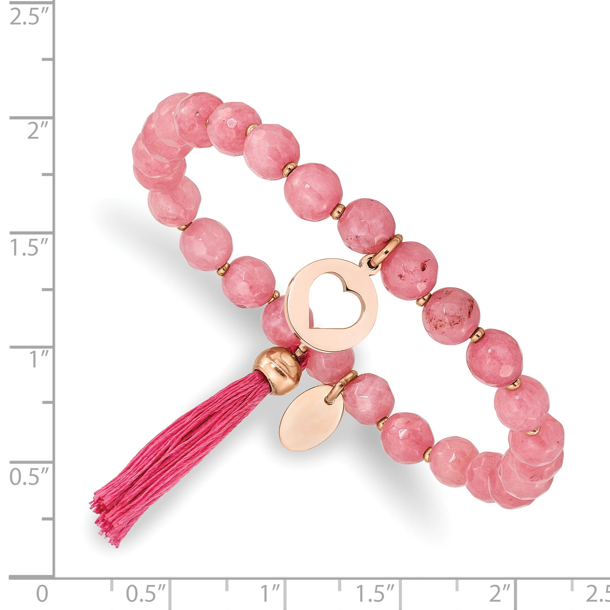 Chisel Stainless Steel Polished Rose IP-plated Heart 6mm Pink Jade Beaded Stretch Bracelet with Tassel