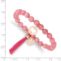 Chisel Stainless Steel Polished Rose IP-plated Heart 6mm Pink Jade Beaded Stretch Bracelet with Tassel