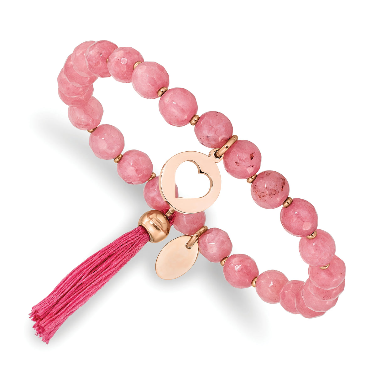 Chisel Stainless Steel Polished Rose IP-plated Heart 6mm Pink Jade Beaded Stretch Bracelet with Tassel