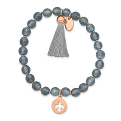 Chisel Stainless Steel Polished Rose IP-plated Fleur de Lis 6mm Grey Agate Beaded Stretch Bracelet with Tassel