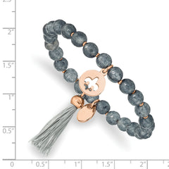 Chisel Stainless Steel Polished Rose IP-plated Fleur de Lis 6mm Grey Agate Beaded Stretch Bracelet with Tassel