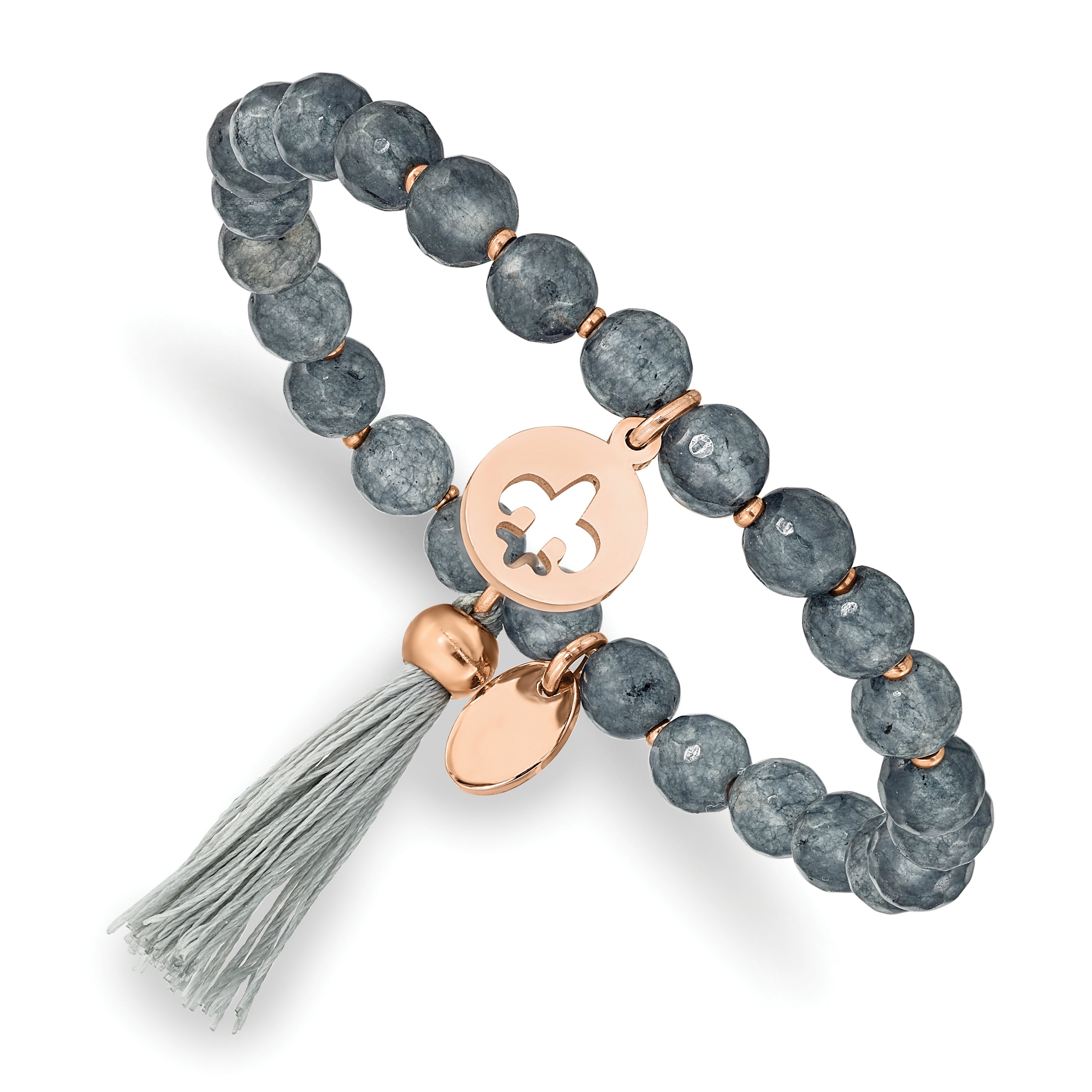 Chisel Stainless Steel Polished Rose IP-plated Fleur de Lis 6mm Grey Agate Beaded Stretch Bracelet with Tassel