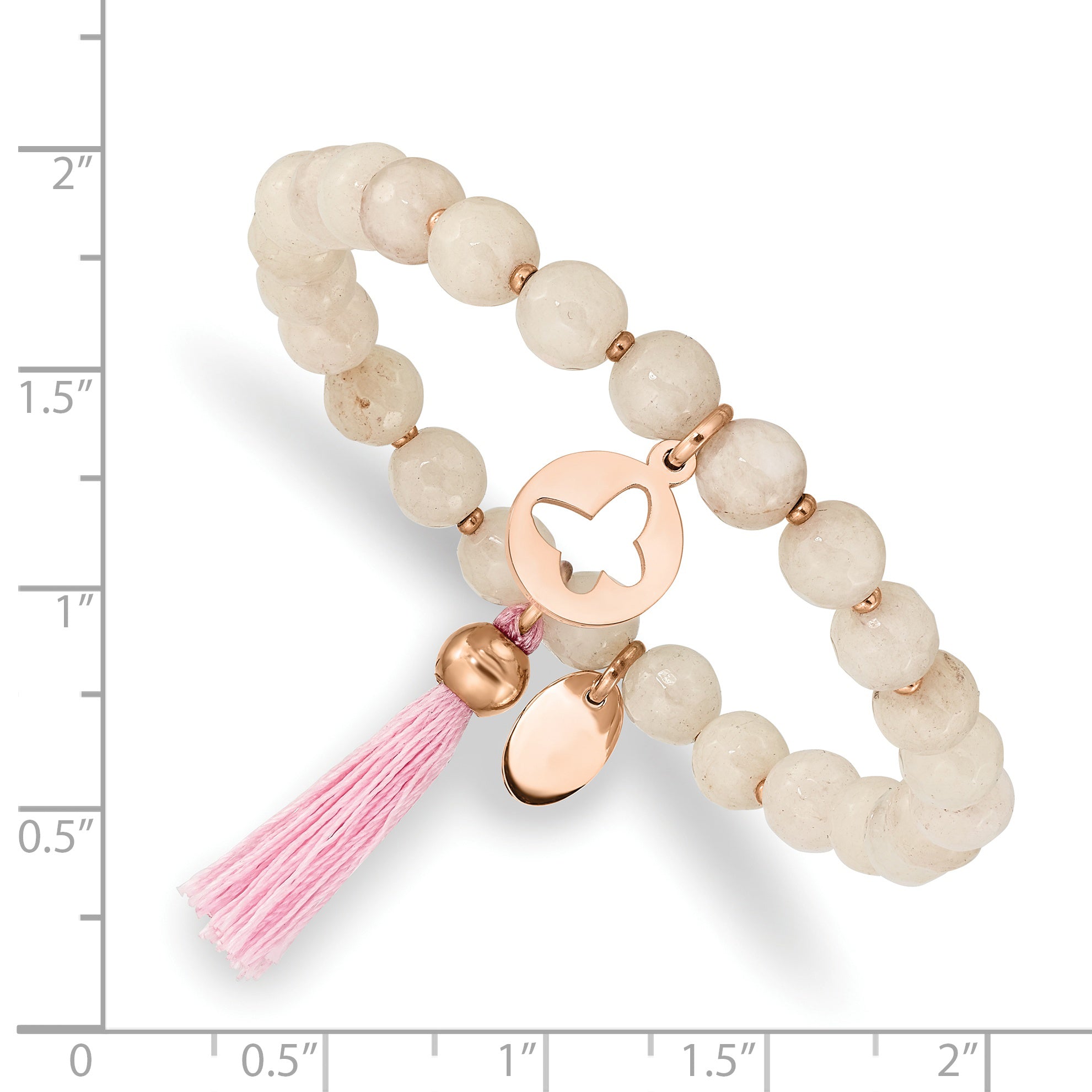 Chisel Stainless Steel Polished Rose IP-plated Butterfly 6mm Pink Agate Beaded Stretch Bracelet with Tassel